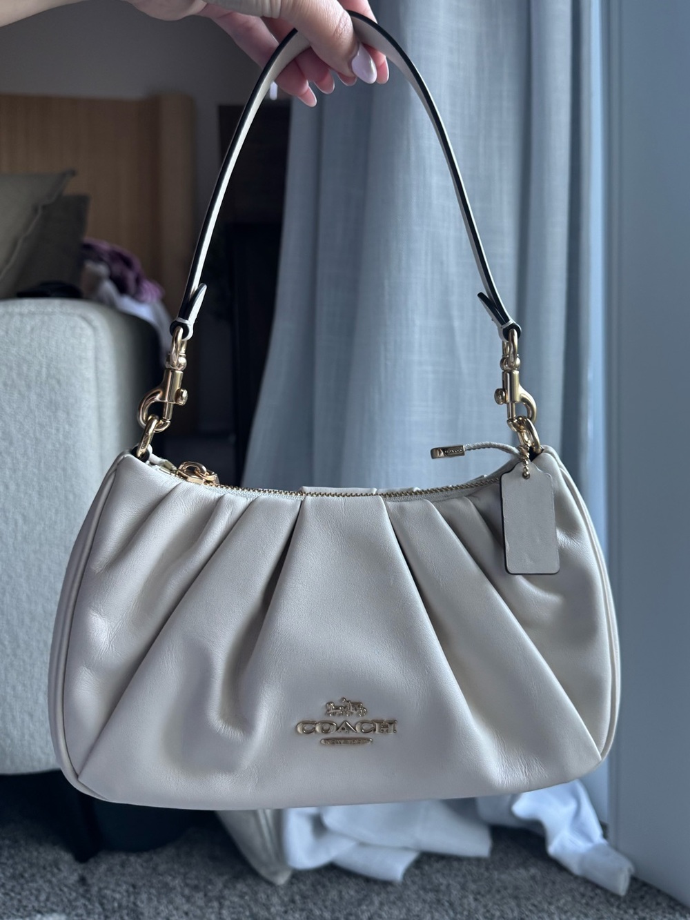 Coach Pebbled Leather Shoulder Bag with ruching CHALK